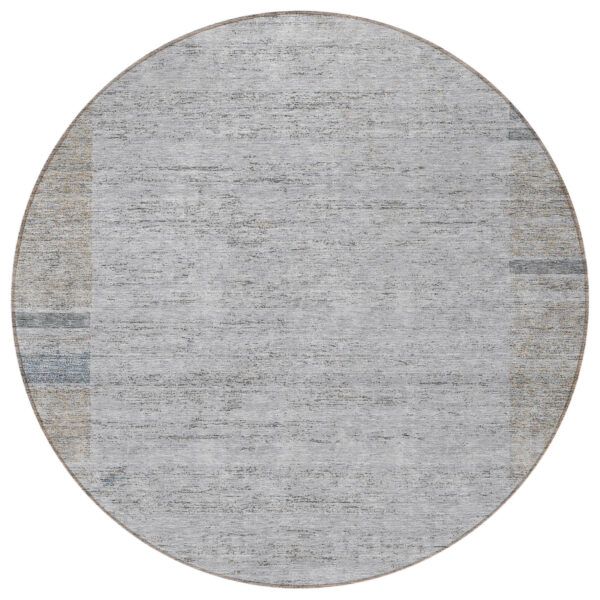 8' Taupe Beige And Blue Round Geometric Washable Indoor Outdoor Area Rug