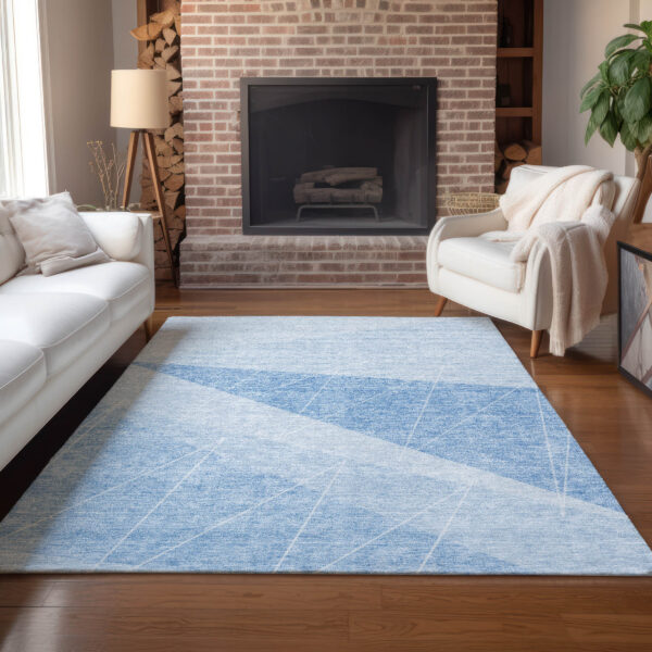 5' X 8' Sky Blue And Denim Blue Geometric Washable Indoor Outdoor Area Rug