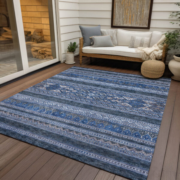 10' X 14' Navy Blue And Denim Blue Southwestern Washable Indoor Outdoor Area Rug