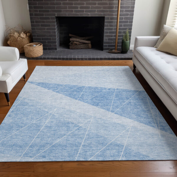 5' X 8' Sky Blue And Denim Blue Geometric Washable Indoor Outdoor Area Rug
