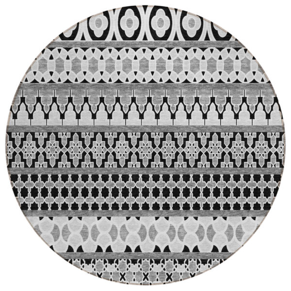 8' Black Gray And Ivory Round Quatrefoil Washable Indoor Outdoor Area Rug