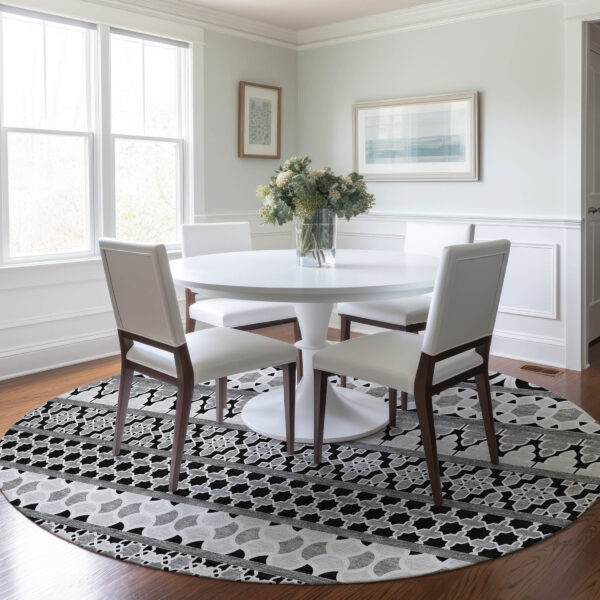 8' Black Gray And Ivory Round Quatrefoil Washable Indoor Outdoor Area Rug