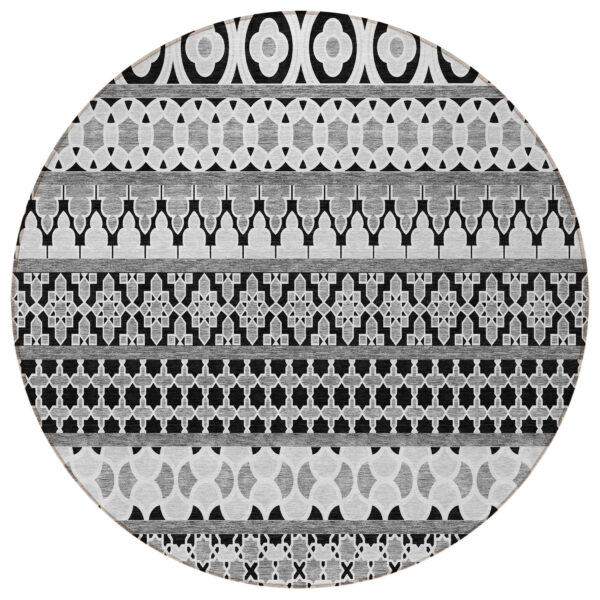 8' Black Gray And Ivory Round Quatrefoil Washable Indoor Outdoor Area Rug