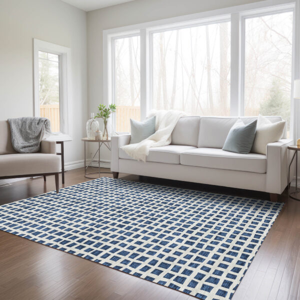 5' X 8' Navy Blue And Ivory Geometric Washable Indoor Outdoor Area Rug