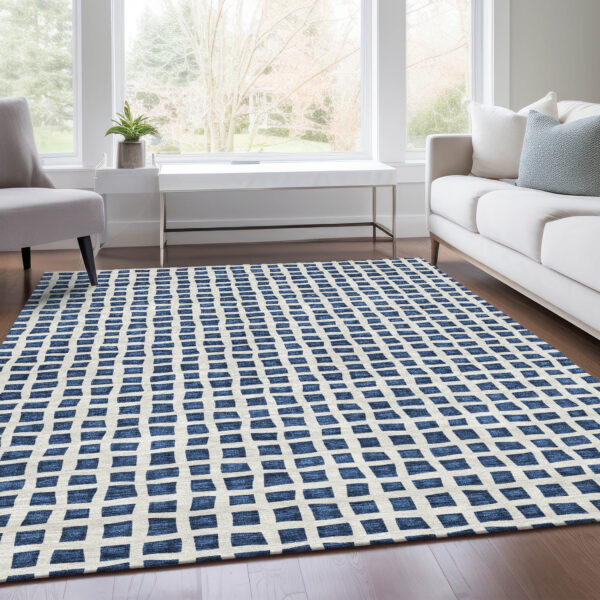 5' X 8' Navy Blue And Ivory Geometric Washable Indoor Outdoor Area Rug