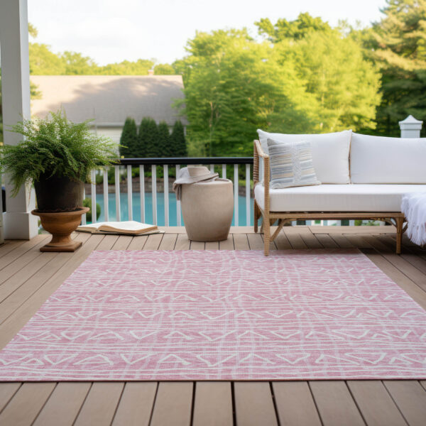 3' X 5' Pink And Ivory Geometric Washable Indoor Outdoor Area Rug