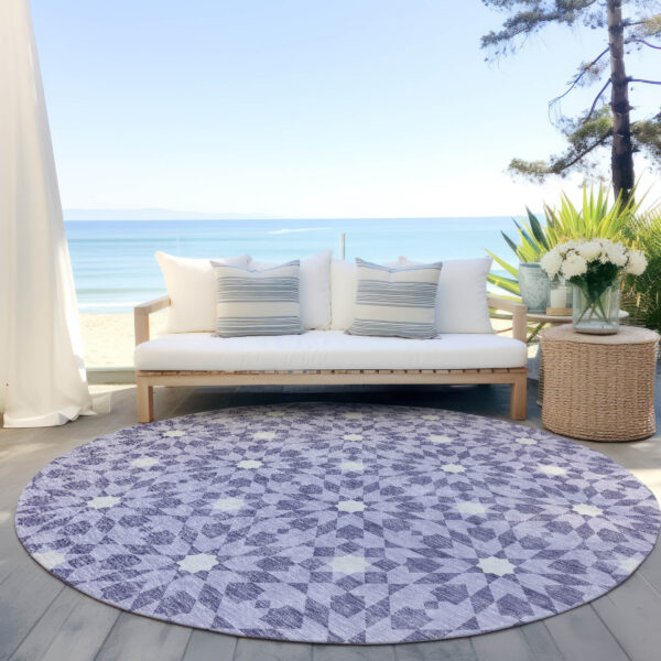 8' Lilac Purple And Ivory Round Floral Medallion Washable Indoor Outdoor Area Rug
