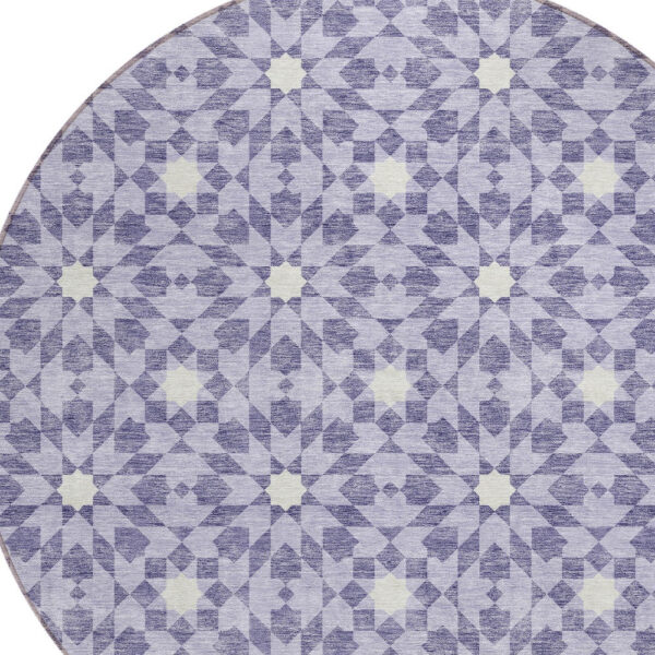 8' Lilac Purple And Ivory Round Floral Medallion Washable Indoor Outdoor Area Rug
