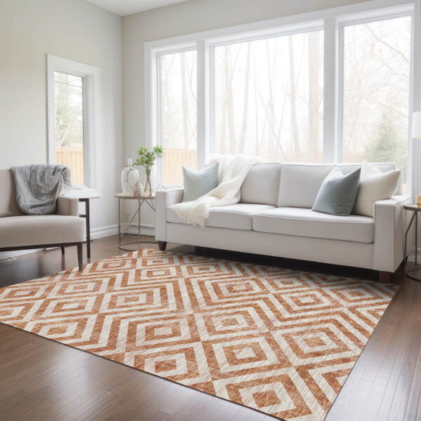3' X 5' Terra Cotta Copper And Beige Geometric Washable Indoor Outdoor Area Rug