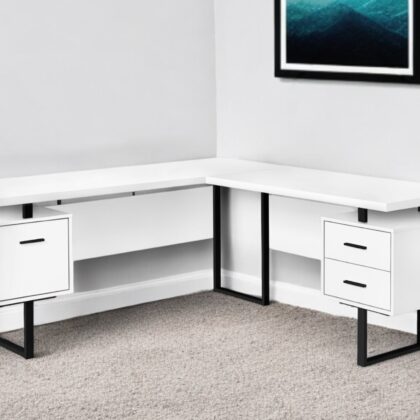 71" White and Black L Shape Computer Desk With Three Drawers