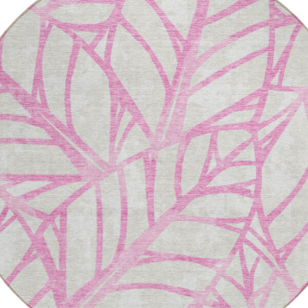 8' Pink And Beige Round Floral Washable Indoor Outdoor Area Rug