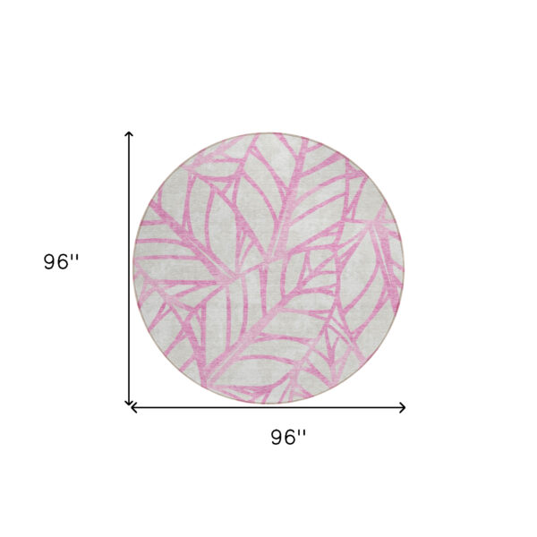 8' Pink And Beige Round Floral Washable Indoor Outdoor Area Rug