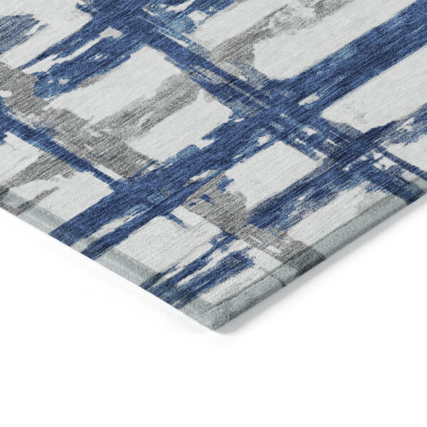 8' X 10' Navy Blue Gray And Silver Striped Washable Indoor Outdoor Area Rug