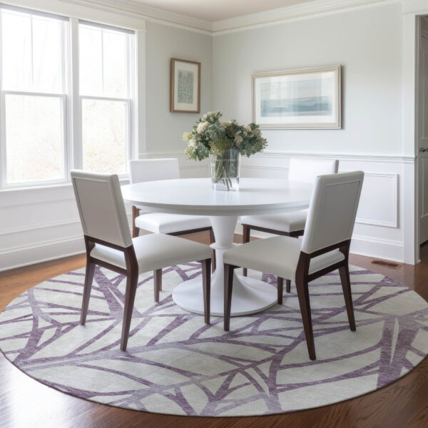 8' Purple Lavender And Beige Round Floral Washable Indoor Outdoor Area Rug