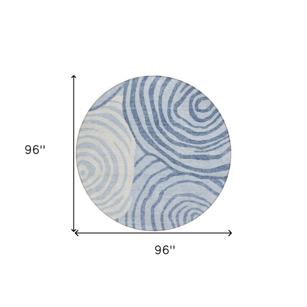 8' Sky Blue Denim Blue And Ivory Round Abstract Washable Indoor Outdoor Area Rug