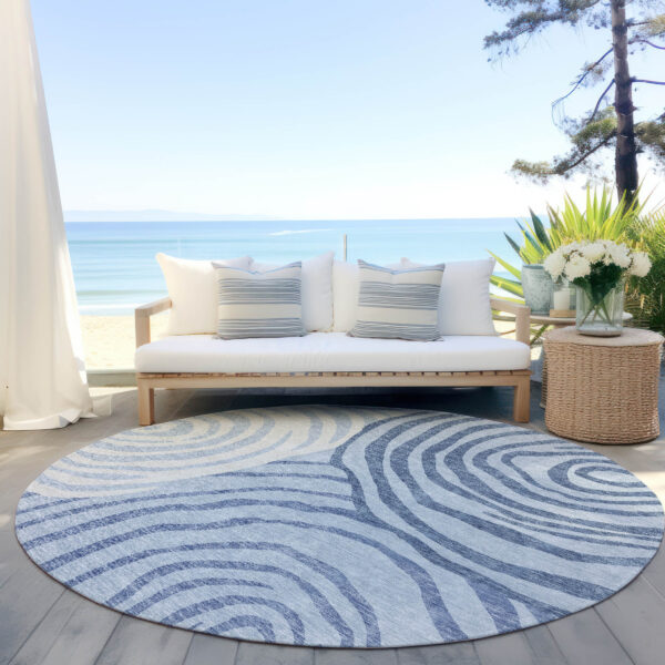 8' Sky Blue Denim Blue And Ivory Round Abstract Washable Indoor Outdoor Area Rug
