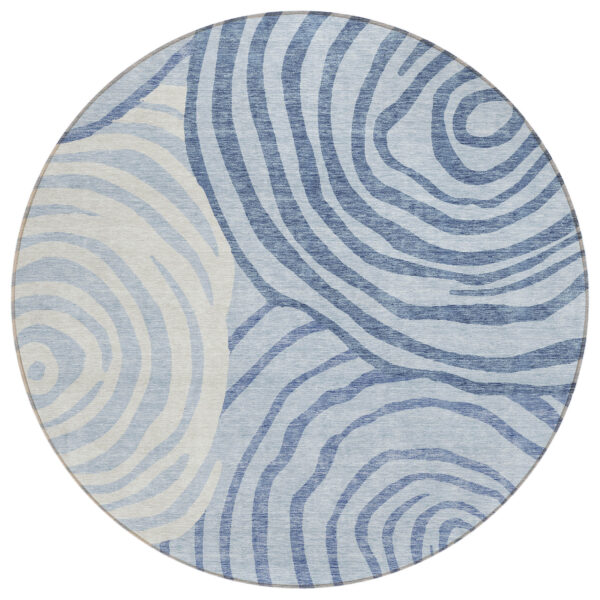 8' Sky Blue Denim Blue And Ivory Round Abstract Washable Indoor Outdoor Area Rug