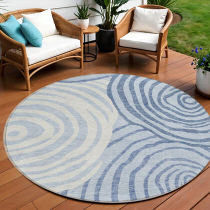 8' Sky Blue Denim Blue And Ivory Round Abstract Washable Indoor Outdoor Area Rug
