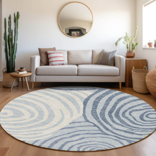 8' Sky Blue Denim Blue And Ivory Round Abstract Washable Indoor Outdoor Area Rug