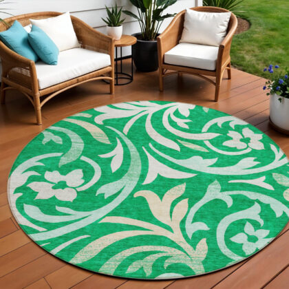 8' Mint Green And Ivory Round Floral Washable Indoor Outdoor Area Rug