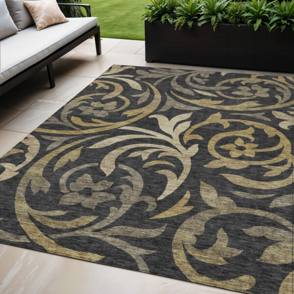 5' X 8' Black Taupe And Gold Floral Washable Indoor Outdoor Area Rug
