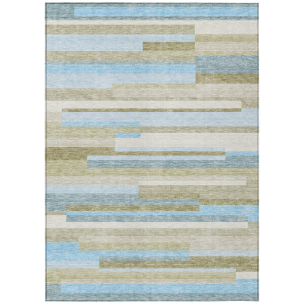 9' X 12' Sky Blue And Denim Blue Striped Washable Indoor Outdoor Area Rug