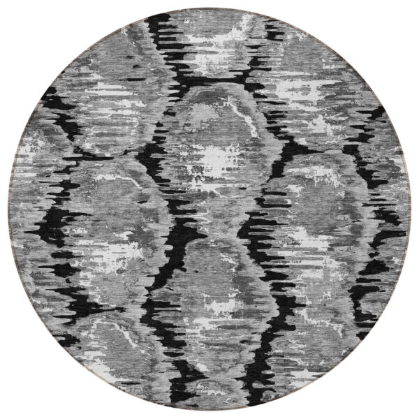 8' Black Charcoal And Silver Round Abstract Washable Indoor Outdoor Area Rug