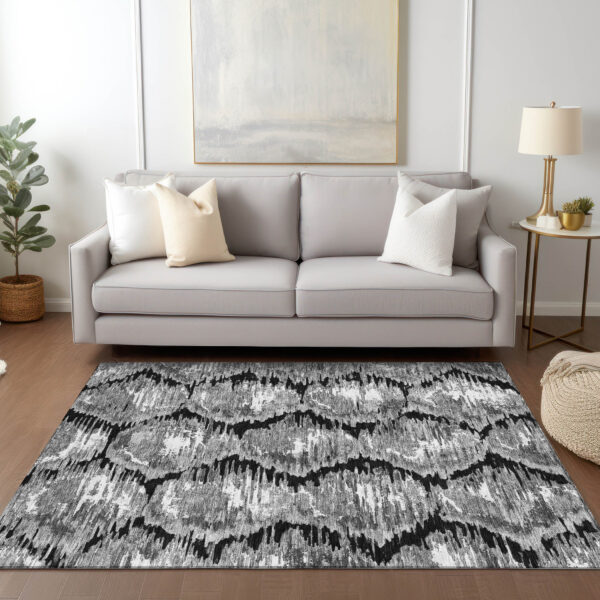 5' X 8' Black Charcoal And Silver Abstract Washable Indoor Outdoor Area Rug