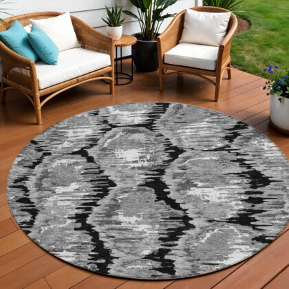 8' Black Charcoal And Silver Round Abstract Washable Indoor Outdoor Area Rug