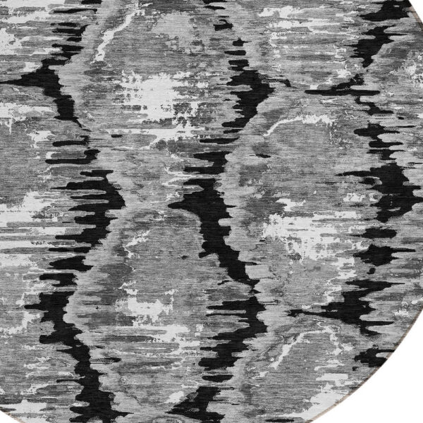 8' Black Charcoal And Silver Round Abstract Washable Indoor Outdoor Area Rug