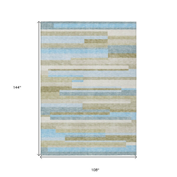 9' X 12' Sky Blue And Denim Blue Striped Washable Indoor Outdoor Area Rug