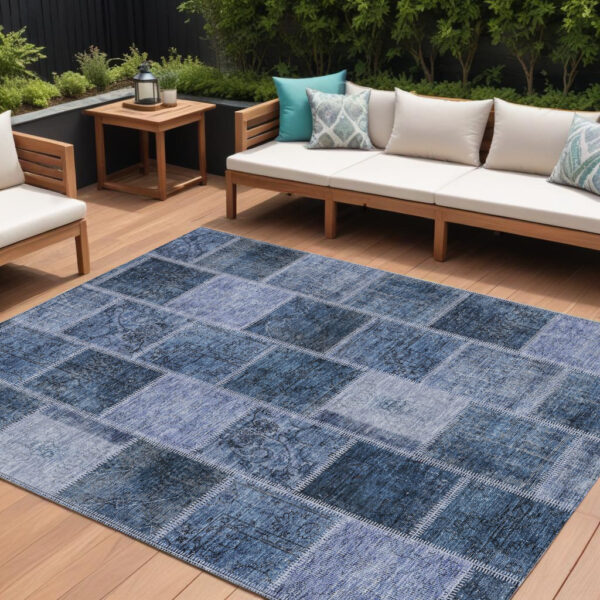 9' X 12' Blush Denim Blue And Sky Blue Patchwork Washable Indoor Outdoor Area Rug