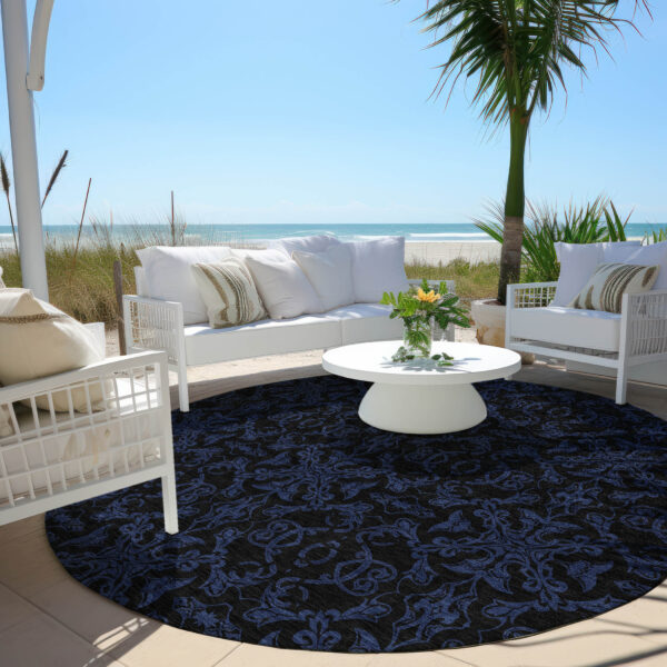8' Blue And Navy Blue Round Medallion Washable Indoor Outdoor Area Rug