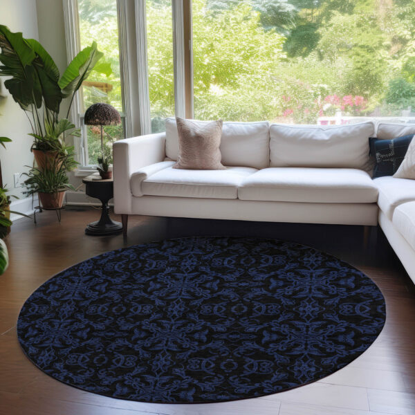 8' Blue And Navy Blue Round Medallion Washable Indoor Outdoor Area Rug