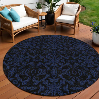 8' Blue And Navy Blue Round Medallion Washable Indoor Outdoor Area Rug