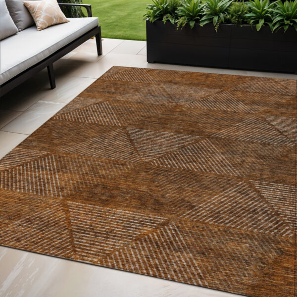 5' X 8' Terra Cotta Copper And Beige Geometric Washable Indoor Outdoor Area Rug