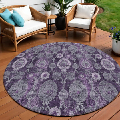 8' Eggplant Purple And Lavender Round Damask Washable Indoor Outdoor Area Rug