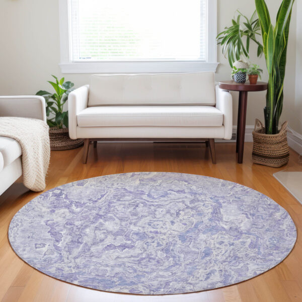 8' Plum Purple And Lavender Round Abstract Washable Indoor Outdoor Area Rug