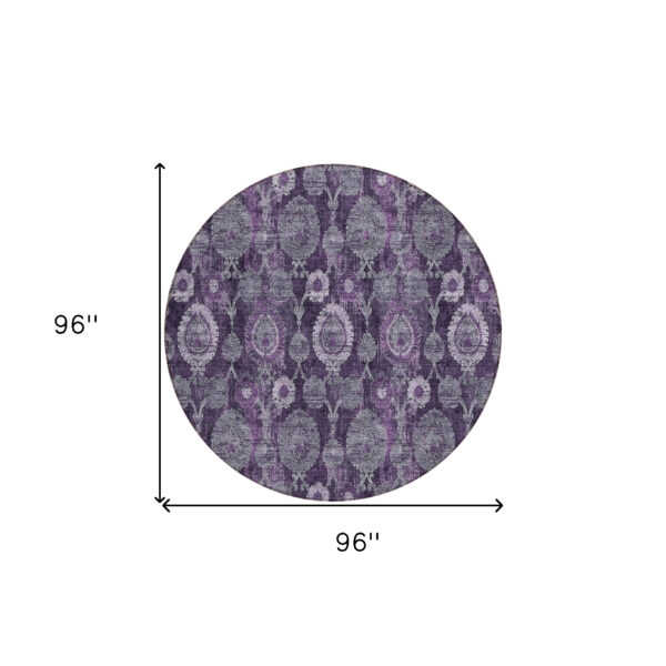 8' Eggplant Purple And Lavender Round Damask Washable Indoor Outdoor Area Rug