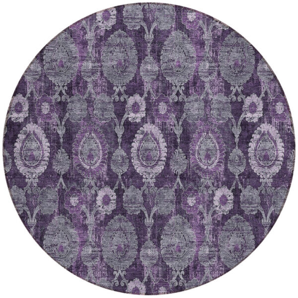 8' Eggplant Purple And Lavender Round Damask Washable Indoor Outdoor Area Rug