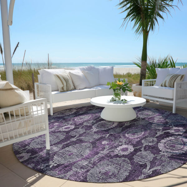 8' Eggplant Purple And Lavender Round Damask Washable Indoor Outdoor Area Rug