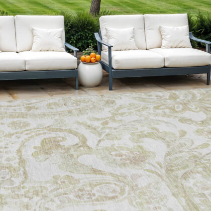 9' X 12' Beige Tan And Ivory Paisley Washable Indoor Outdoor Area Rug