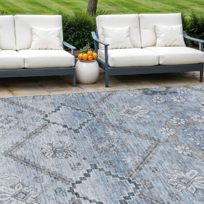 8' X 10' Sky Blue And Denim Blue Floral Washable Indoor Outdoor Area Rug