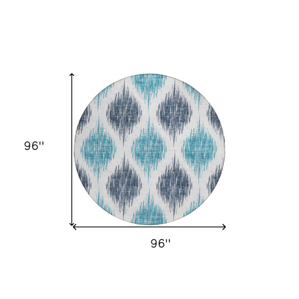 8' Teal Blue And Ivory Round Ikat Washable Indoor Outdoor Area Rug