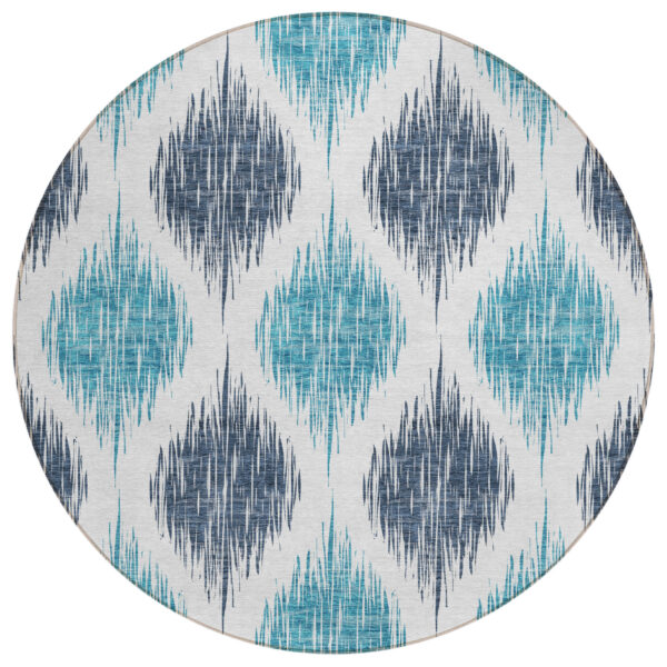 8' Teal Blue And Ivory Round Ikat Washable Indoor Outdoor Area Rug