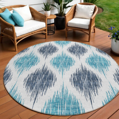 8' Teal Blue And Ivory Round Ikat Washable Indoor Outdoor Area Rug