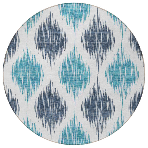 8' Teal Blue And Ivory Round Ikat Washable Indoor Outdoor Area Rug