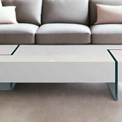 53" White And Clear Wood And Glass Sled Coffee Table