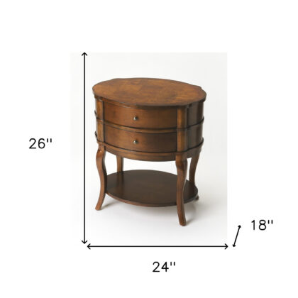 26" Medium Brown And Umber Solid And Manufactured Wood Oval End Table With Two Drawers And Shelf
