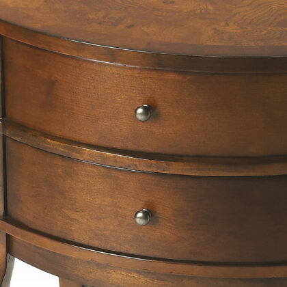 26" Medium Brown And Umber Solid And Manufactured Wood Oval End Table With Two Drawers And Shelf